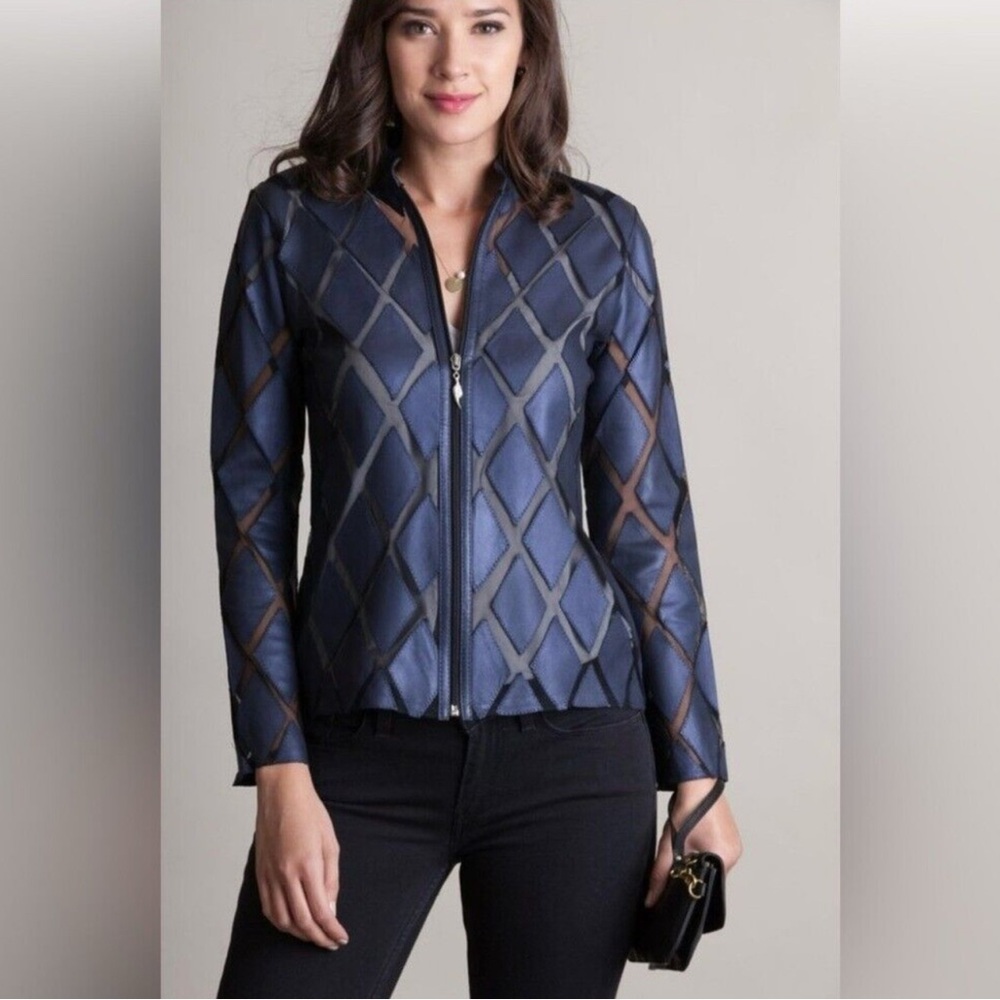 Colleen Lopez Faux Leather & Mesh Diamond design Jacket in Black SZ small